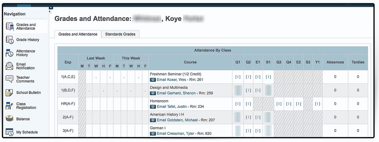 Other Child's Grades and Attendance Screen View Pic